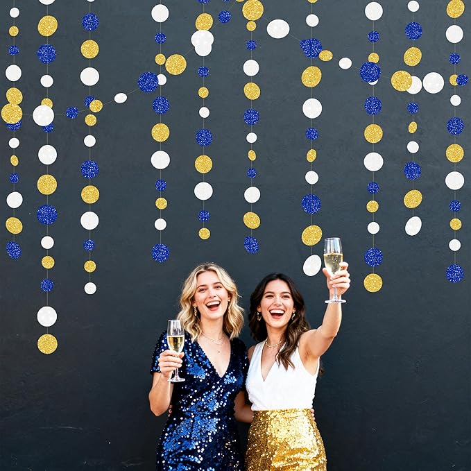 Royal Blue Gold White Party Polka Dot Garland Dark Blue Glitter Gold White Hanging Paper Circle Dots Streamer for Birthday Graduation Baby Shower Wedding Retirement Nautical Party Decorations Supplies