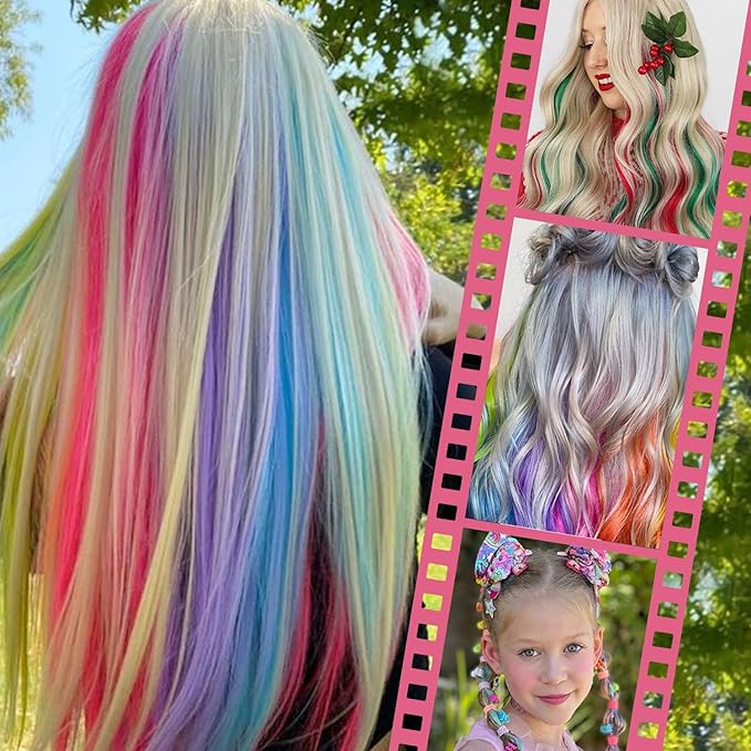 WENNALIFE 12 PCS White Hair Extensions Clip in, Colored Clip in Hair Extensions for Kids Highlights Rainbow Hair Clips for Girls Synthetic Straight Pop-up Style Colorful Festival Girl Hair Accessories