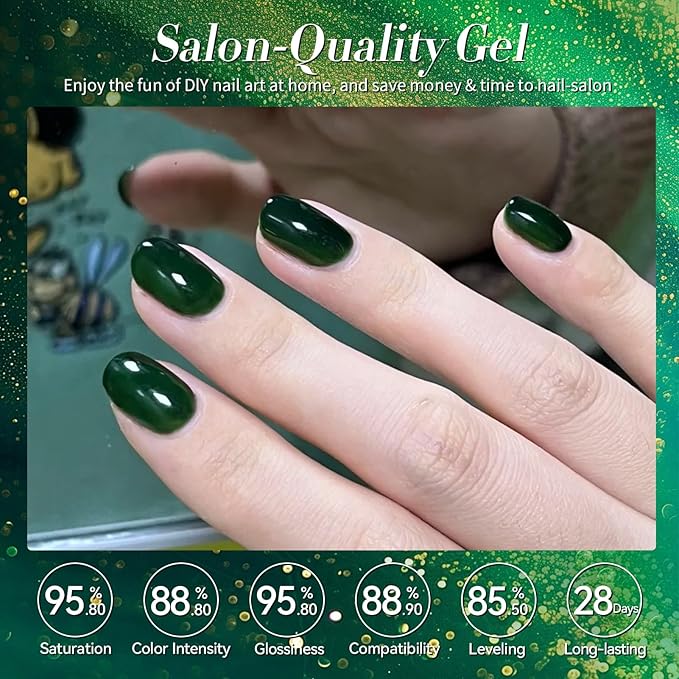 Born Pretty Christmas Carnival Evergreen Gel Nail Polish Set,6 Colors Green Glitter Gel Polish Set Forest Dark Avocado Sage Green Sparkle Soak Off U V Gel Nail Kit Manicure DIY Salon Home Gift
