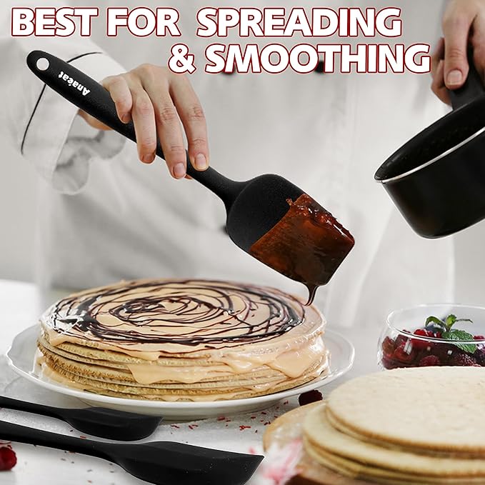 Anaeat 4 Piece Silicone Spatula Set - Seamless One-Pieces Design - Non Stick Rubber Spatulas Kitchen Scraper for Baking, Cooking, Scraping & Mixing, Heat Resistant & BPA Free & Dishwasher Safe (Black)