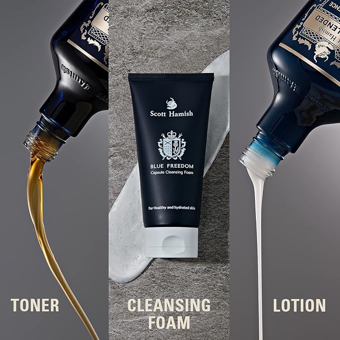 Scott Hamish Blue Blended Set - Skincare Set for Men with Face Wash, Face Toner & Facial Emulsion – Intensive Moisturizing and Conditioning Aftershave Kit Enriched - Bergamot & Musky Scent