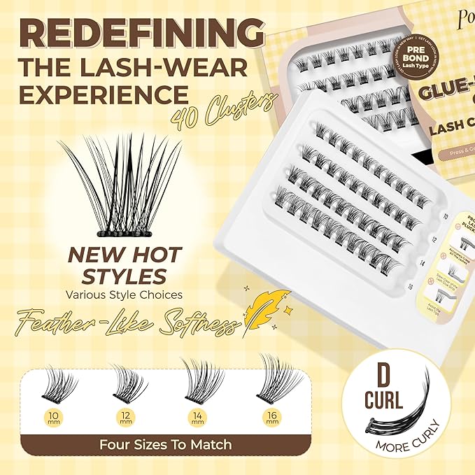 PopUp Self Adhesive Eyelashes Clusters, Press On Lashes Pre Glued Eyelash Extension Kit with Lash Tweezer,10-16mm No Glue No Remover Needed Self Adhesive Lashes Clusters 703