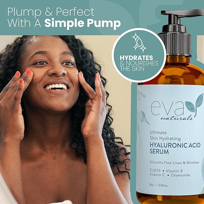 Eva Naturals Anti-Aging Hyaluronic Acid Serum For Face - Professional & Potent Hydrating Anti-Wrinkle Formula For Fine Line & Uneven Skin Tone - Contains Vitamin C, B, & E, Paraben Free (8 Oz)