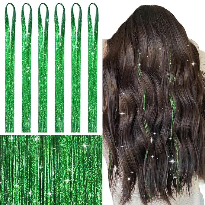 WENNALIFE Hair Tinsel for Girls, Green Fairy Kit 1200 Strands 6PCS 48 Inch Heat Resistant Glitter Tinsel Hair Extensions Kit Christmas Angel for Sparkle Strands