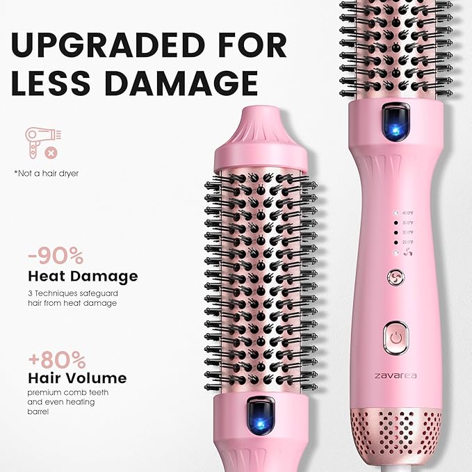 Zavarea Thermal Brush, 1.5 Inch Heated Round Brush for Blowout Look, Hot Styler with 800M Negative Ions & Ceramic for Less Damage & Frizz, Boosts Shine & Easy to Use, Dual Voltage, Youthful Pink