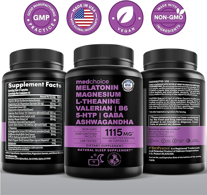 12-in-1 Melatonin Sleep Capsules - Natural Sleep Aids for Adults with Melatonin 5mg and Magnesium Glycinate 500mg, Sleep Aid with Ashwagandha, L Theanine, Valerian Root, GABA, 5-HTP (90ct, Pack of 4)