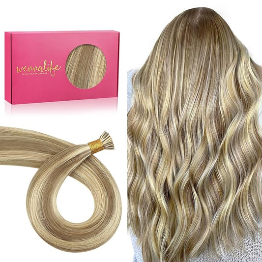 WENNALIFE I Tip Hair Extensions Human Hair, 50g 100s 14 Inch Ash Brown Highlighted Golden Blonde Remy Itip Human Hair Extensions Invisible Itips Straight I Tips Fusion Extensions Real Human Hair
