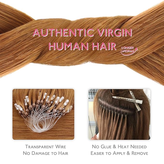 WENNALIFE Microlink Hair Extensions Human Hair, 50g 50s 24 Inch Auburn Ginger Remy Hair Microbead Micro Link Microloop Microring Invisible Straight Natural Fusion Installation