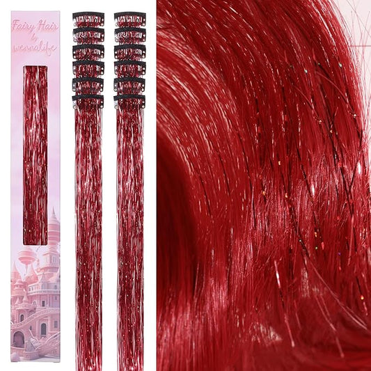 WENNALIFE Hair Tinsel kit for Girls, Clip in Red, 12PCS 24 Inch Hair Accessories for Women Clip in Colorful Glitter Tinsel Hair Fairy Girls Hair Accessories for Kids
