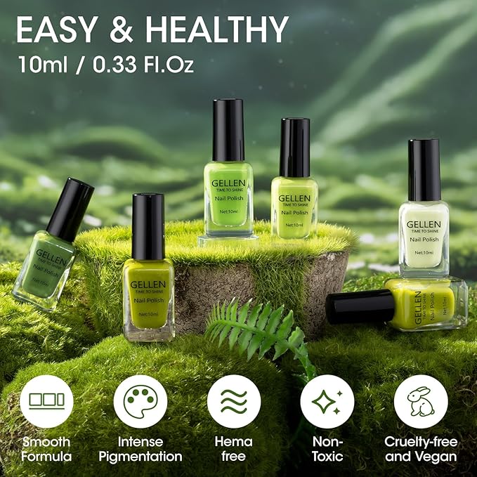 GELLEN Green Nail Polish Non Gel, Fast Air Drying Traditional Regular Green Nail Polish Spring Summer Full Size 6 Colors Lemon Olive Avocado Grass Mint Lime Set for Women Manicure St. Patrick's Day