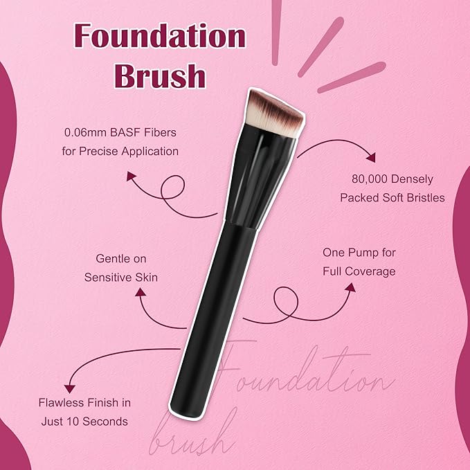 JoMay Flat Top Kabuki Foundation Brush – Vegan Makeup Brush for Liquid, Cream & Powder – Dense, Soft Bristles for Buffing & Blending – Black