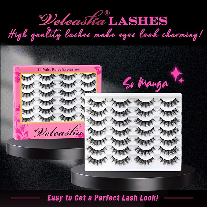Veleash Natural Lashes Cat Eye Lash Eyelashes Natural Look Soft Strip Lashes Faux Mink Eyelashes Look Like Lash Extensions Effect C Curl Manga Eyelash Fluffy Short Eye 14 Pairs Pack (Pixie)