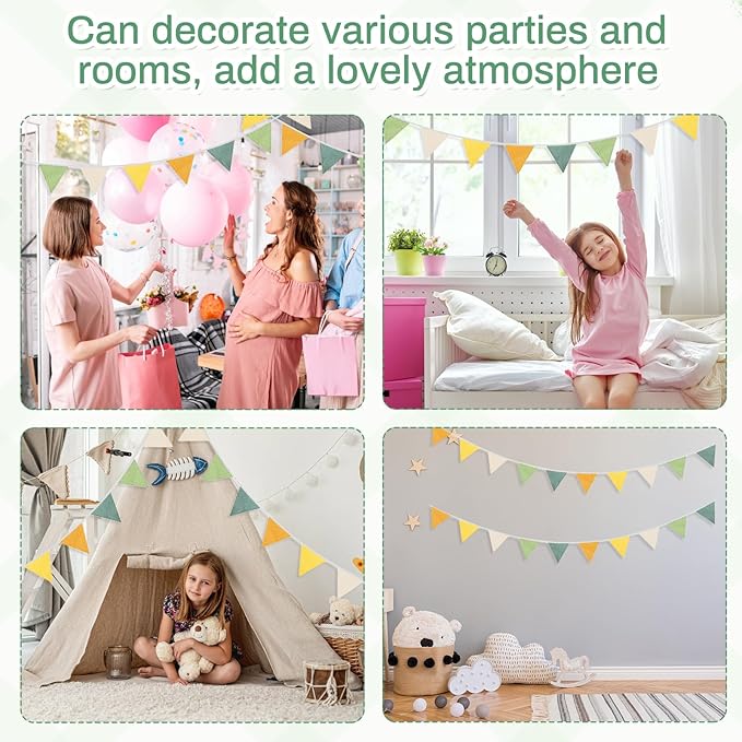 2PCS Pennant Banner Flags, Fabric Bunting Banner Nursery Garland Decor, Baby Shower Garland, Triangle Flags for Baby Boy Room, Playroom, Boho Birthday Party Decor, Each 7.75 ft (Green Yellow)