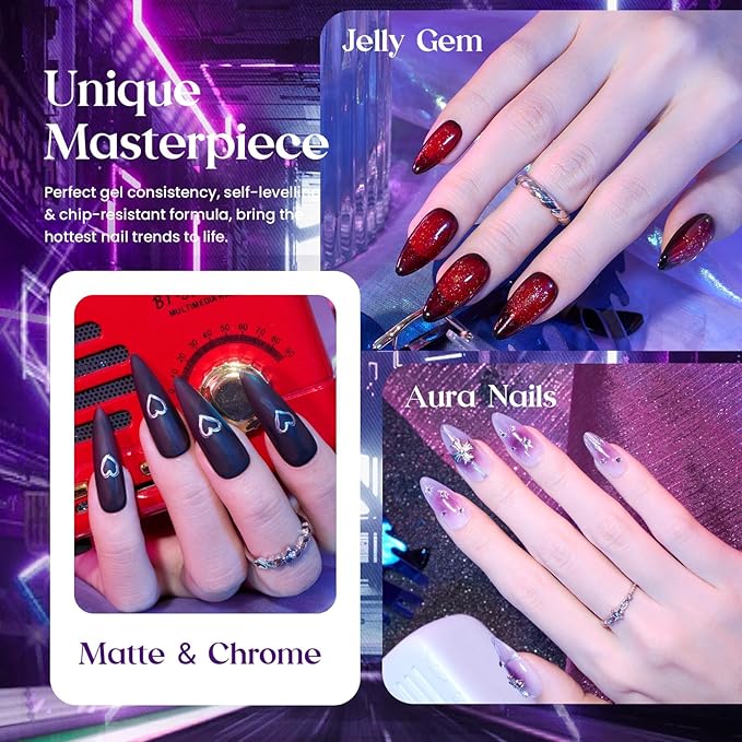 Beetles Jelly Gel Nail Polish Set - Jelly Magic Gel Polish, 6 Colors Pink Red Black Blue Green Purple Halloween Fall Gel Polish Kit Sheer Translucent Effect Soak Off UV Manicure DIY Gift for Women