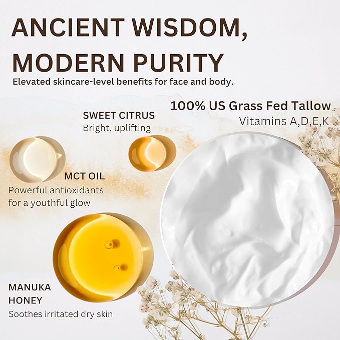 Whipped Organic Grass-Fed Beef Tallow for Skin - 100% Pure, Non-Greasy, Natural Beef Tallow Moisturizer for Face and Body. Honey Beef Tallow Balm – Soothes Sensitive Skin, Absorbs Quickly