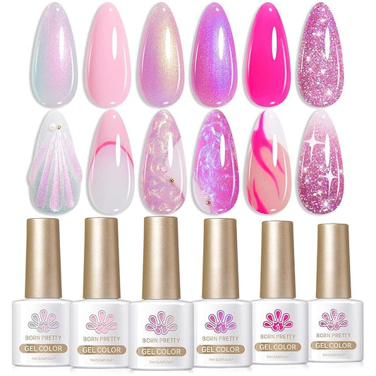 BORN PRETTY Pink Gel Nail Polish 6 Colors Shimmer Glitter Pearl Mermaid Hot Pink Purple Shades Gel Polish Kit Soak Off Gel Nail Kit Collection Nail Art Gel Manicure Kit DIY at Home Salon Gifts