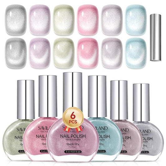 SAVILAND Color Artistry Cat Eye Nail Polish Set: Quick Dry 6 Colors Nail Polish with Magnet 12-Free Fingernail Polish Air Dry Nail Lacquer Bulk for Beginners Glass Bead Effect Manicure Women Gift