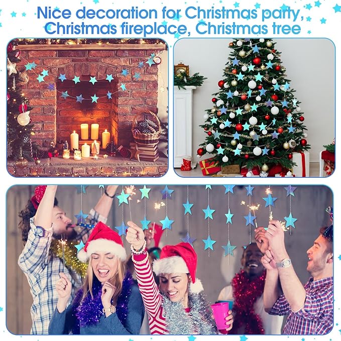 Patelai Glitter Star Garland Banner New Years Decor 130 Feet Star Hanging Banner Twinkle Backdrop for Birthday Classroom Wedding Halloween Christmas Party Supplies(Iridescent Blue)