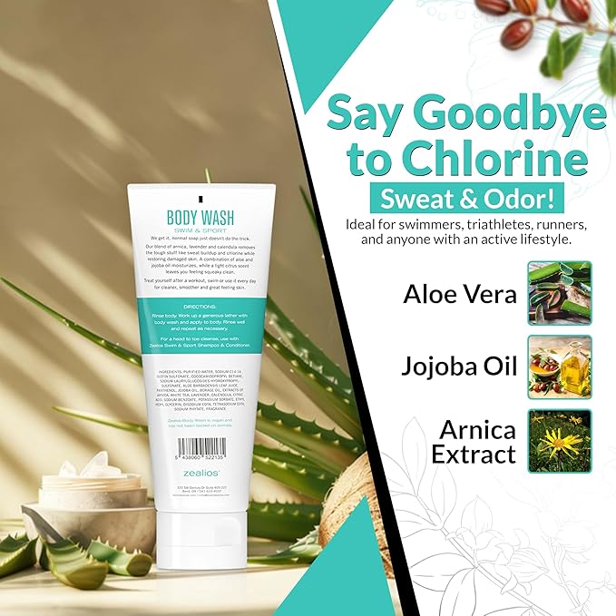 Zealios Swim & Sport Body Wash for Swimmers & Athletes 8oz, Skin Care Solution for Men & Women, Removes Chlorine, Sweat & Odor, Provides Cleansing and Hydration from Pool Chemicals, Light Citrus Scent