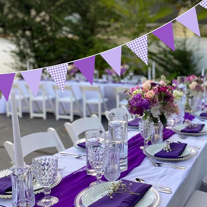 32Ft Purple Party Decorations Purple Gingham Triangle Flag Plaid Checkered Pennant Banner Fabric Garland Streamers for Lavender Mermaid Birthday Baby Shower Picnic BBQ Outdoor Tea Party Decor Supplies