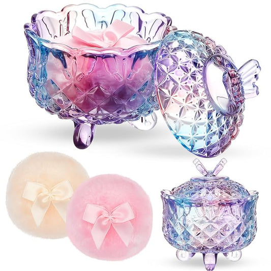 Tioncy 3 Pcs Large Body Powder Puff and Container Powder Container with Puff Powder Puff Crystal Container Soft Washable Reusable Velour Face Body Glitter Powder Puff Wet Dry Makeup(Butterfly, Purple)