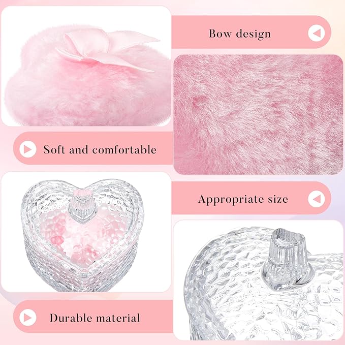Tioncy 3 Pcs Large Body Powder Puff and Container Powder Container with Puff Crystal Case Soft Washable Reusable Velour Face Body Glitter Wet Dry Makeup(Heart,Clear)
