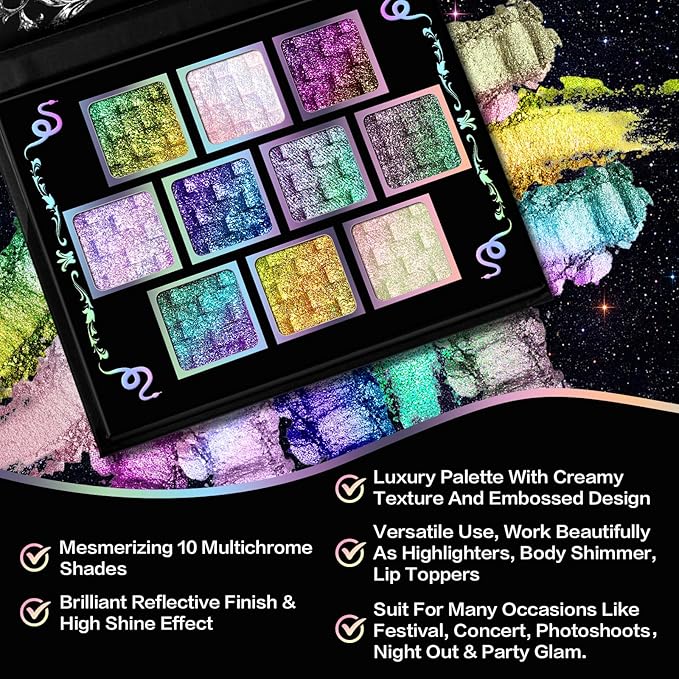 UCANBE Chameleon Multichrome Eyeshadow Palette, 10 Colors Shifting Chromatic Light-Reflecting Metallic Eye Shadow, Multi-Use Blendable Holographic Glitter Shimmer Eye Makeup Pallet (Solar Python)