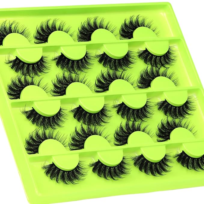 Veleasha Lashes False Eyelashes Fluffy D Curl Lashes 12 Pairs Cat Eye 5D Luxurious Volume Fake Eyelashes (Dopamine Green)