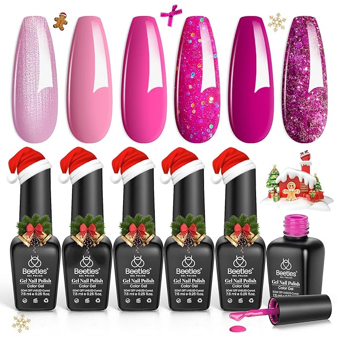 beetles Gel Polish Pink Angel - Christmas Gel Nail Polish Set Pink Rose Nude Glitter Sparkle Light 6 Colors Kit Soak off Uv Led Nail Art DIY Salon Home Gift for Women Girls