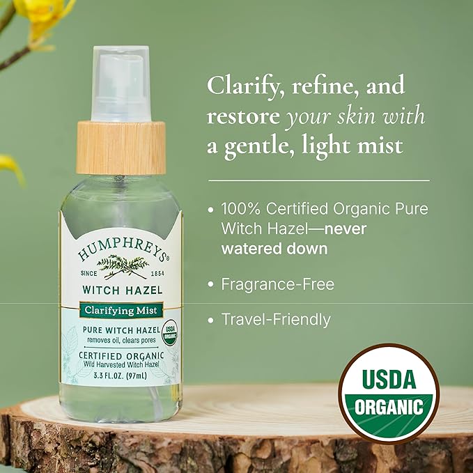 Humphreys Witch Hazel Clarifying Toner Mist Spray | Wild Harvested Witch Hazel | USDA Organic| Travel Size 3.3 Fl Oz | Fragrance Free | Clears Pores & Removes Oil