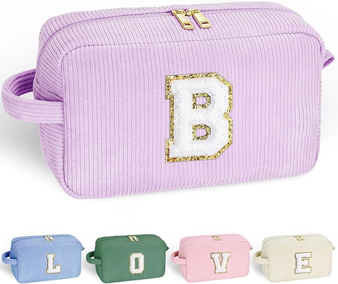 YOOLIFE Personalized Makeup Bag - Travel Cosmetic Brush Organizer, Cute Corduroy Purple Pouch, Girlfriend and Friend Birthday Gift, Letter B