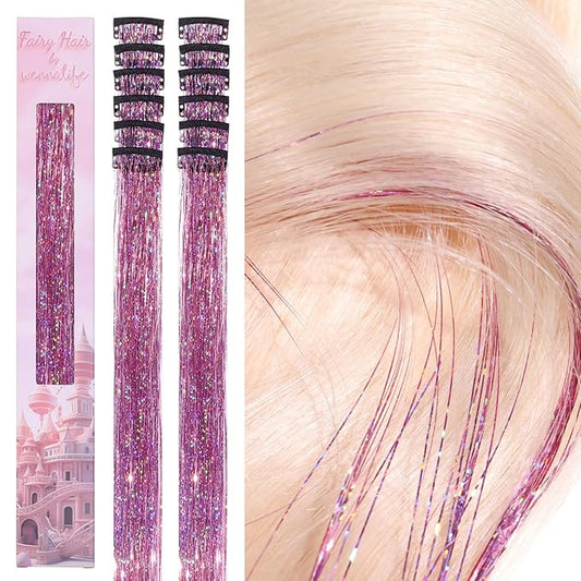 WENNALIFE Hair Tinsel kit for Girls, Clip in Pink, 12PCS 24 Inch Hair Accessories for Women Clip in Colorful Glitter Tinsel Hair Fairy Girls Hair Accessories for Kids
