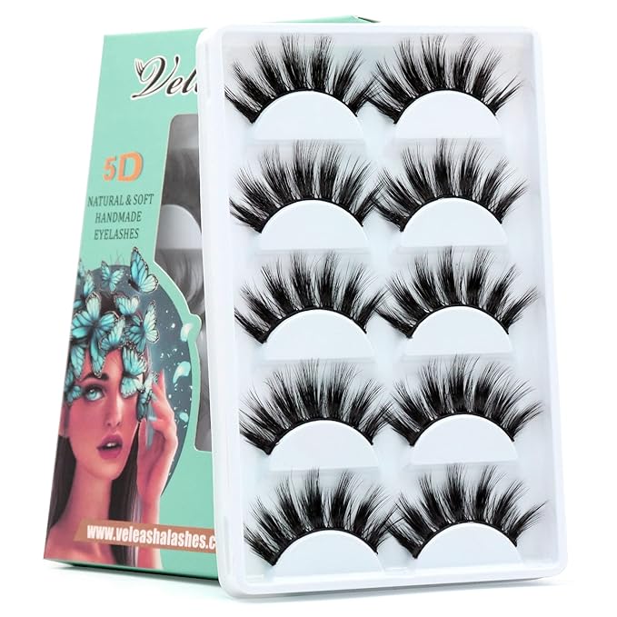 Veleasha Lashes 5D Faux Mink Lashes 100% Handmade Luxurious Fake Eyelashes Lightweight Fluffy False Eyelashes 5 Pairs Pack (Dubai)