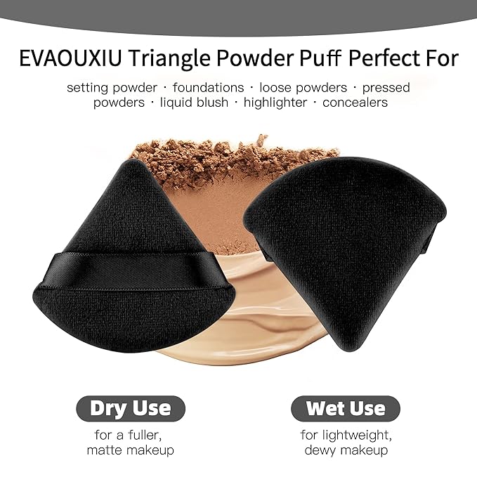 2 Pcs EVAOUXIU Triangle Powder Puff for Face Powder, Soft Plush Setting Powder Puff, Velour Cosmetic Foundation Blender Sponge Beauty Makeup Tools (Black)