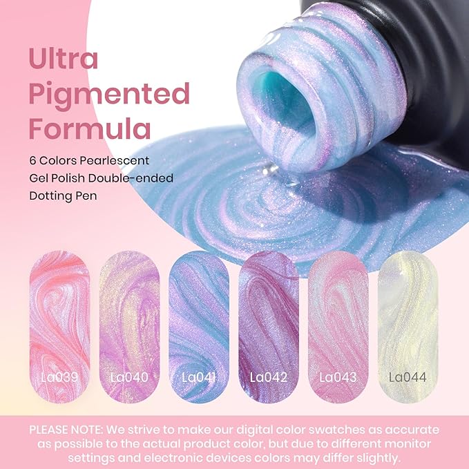 Beetles Pearl Gel Nail Polish, 6 Colors Shimmer Pearl White Pink Purple Mermaid Nail Drawing Gel Polish Soak Off Uv Gel Polish Swirl Shell Thread Effect DIY Manicure Gift for Women