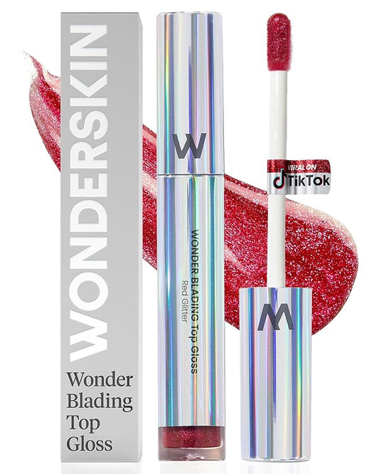 Wonderskin Lip Gloss Blading Top Gloss Red Glitter Lip Gloss, Hydrating and High Shine Finish Lip Makeup (Red Glitter)