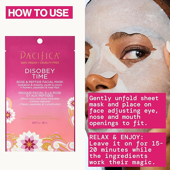 Pacifica Disobey Time Rose & Peptide Facial Sheet Mask 12-PACK Hydrating Anti-Aging Mask for Fine Lines & Dry Skin Infused w/Hyaluronic Acid & Chamomile Vegan & Cruelty-Free Dermatologist Tested