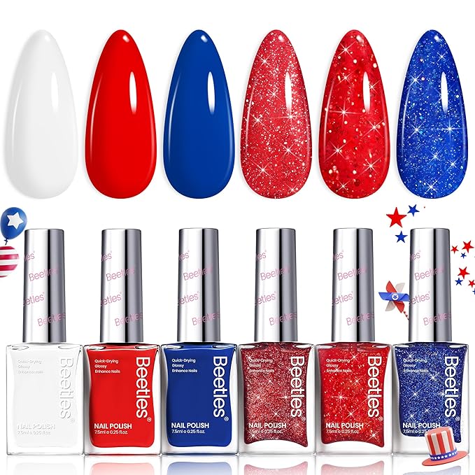 Beetles 4th Nail Polish Set - 6 Colors White Red Blue Nail Polish Kit Sparkle Glitter Fingernail, Quick Dry Long Lasting Beetles Midnight Fireworks Diy Nail Art Design Christmas Gifts for Women