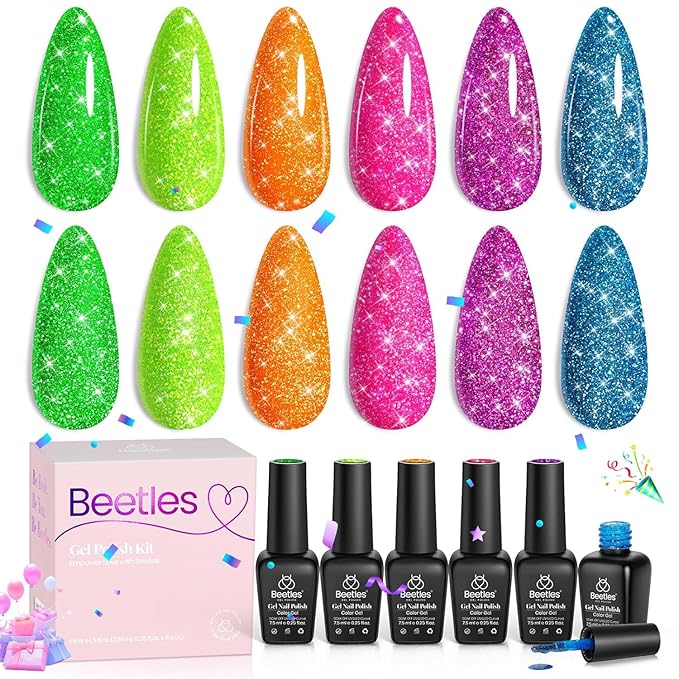 beetles Gel Polish Neon Carnival 6 Colors Reflective Glitter Gel Nail Polish Set Nails Blue Hot Pink Purple Soak Off Uv Led Sparkly bright Colors Halloween Nail Polish Kit Gift for Women
