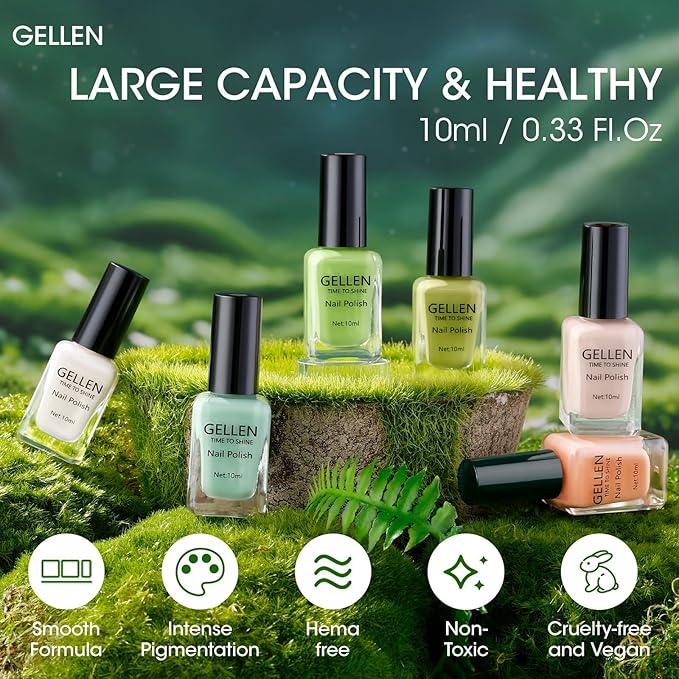 GELLEN Spring Summer Regular Nail Polish Non Gel, Fast Air Drying Traditional Nail Polish No UV Light Needed, Nude Green Set for Women Manicure Home Salon St. Patricks Day, Hema Free, 10ml