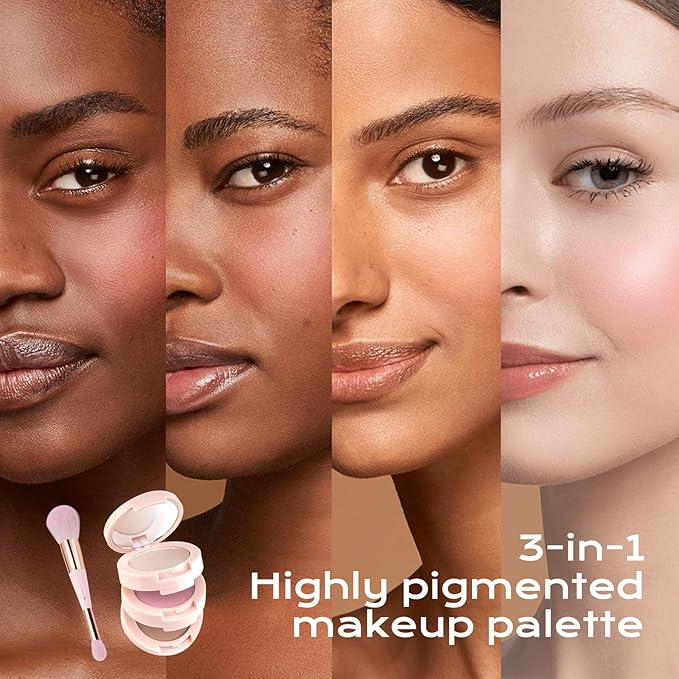 Color Nymph 3 Colors Contour Blush Highlighter Makeup Palette, Travel Size Make up Kit, Blush & Highlighter & Contour Powder Palette, Includes Brush and Mirror, Stacked Makeup Design (Pink)