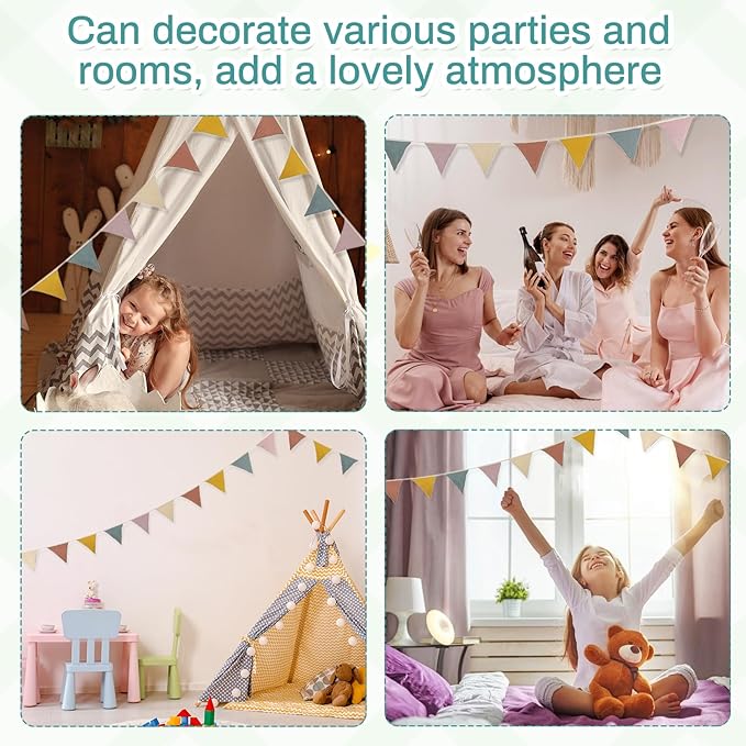 2PCS Pennant Banner Flags, Fabric Bunting Banner Nursery Garland Decor, Baby Shower Garland, Triangle Flags for Baby Boy Room, Playroom, Boho Birthday Party Decor, Each 7.75 ft (Vintage Color)