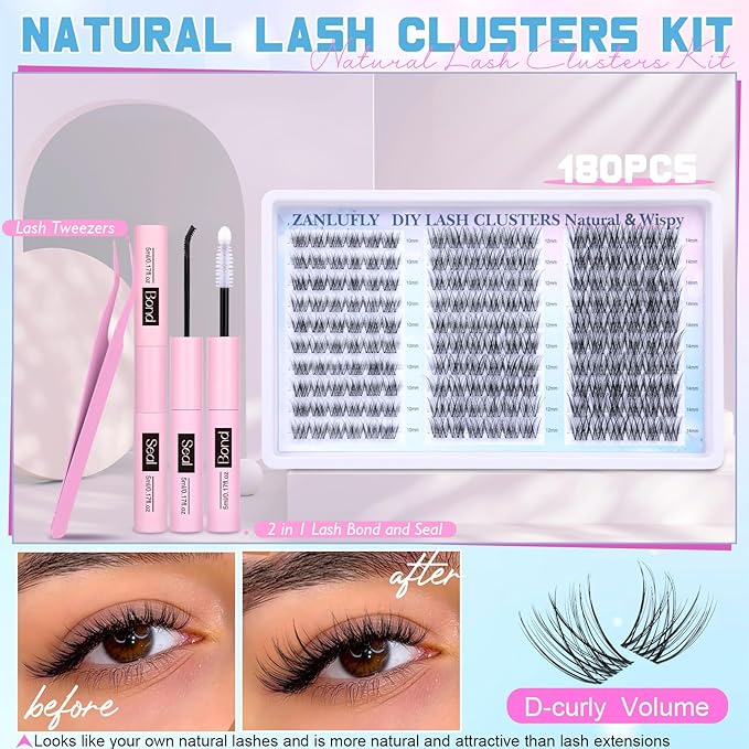 Wispy Lash Clusters Kit Natural Lash Extension Kit DIY Eyelash Extension Kit 10-14MM Individual Lashes Thin Band Eyelash Clusters with Lash Cluster Glue and Tweezers by zanlufly