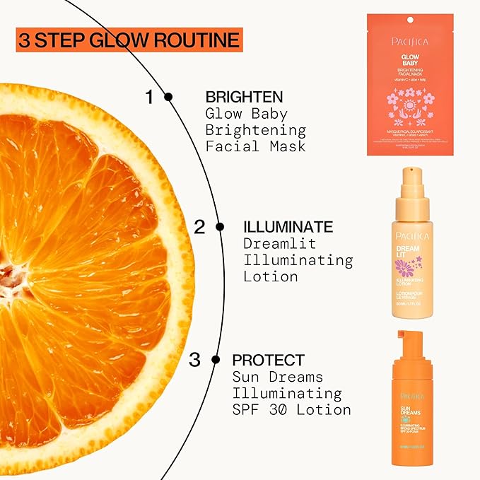 Pacifica Glow Baby Brightening Vitamin C Face Mask 4-Pack – Hydrating Serum-Soaked Sheet Mask for Glowing Skin, Fights Dullness & Dark Spots, Infused with Aloe & Kelp, 100% Vegan & Cruelty-Free