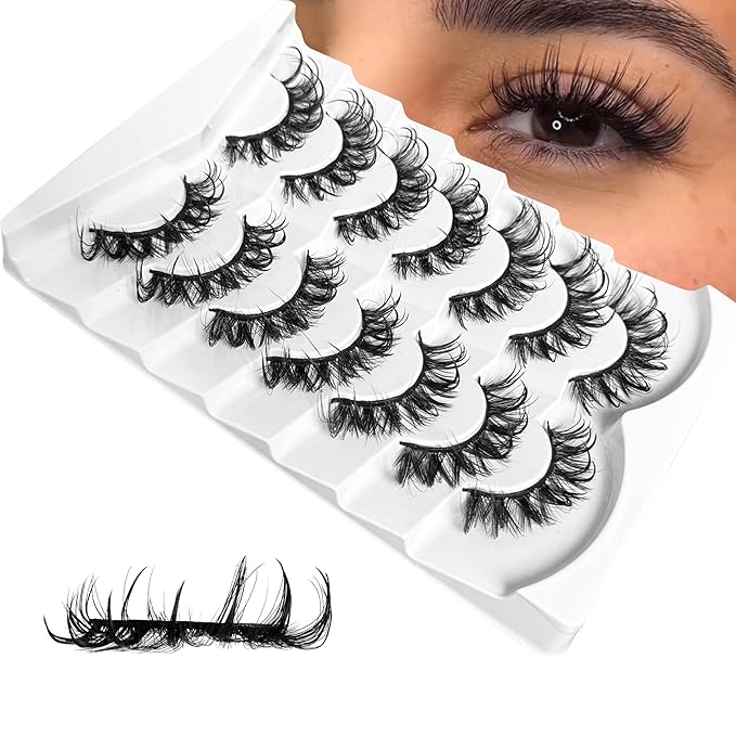 Wispy Lashes Wet Look NINGLASH D Curl False Eyelashes Natural Look Cat Eye Lashes Fake Eyelash Pack 18mm Faux 3D Mink Lashes Strips 7 Pairs
