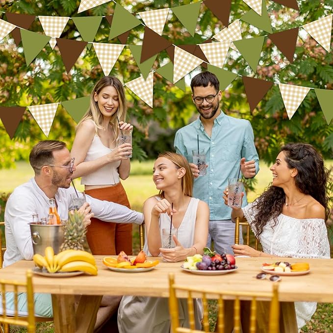 33 Ft Forest Party Hanging Banner Decoration Green Pennant Plaid Triangle Flag Fabric Bunting Garland for Birthday Wedding Baby Shower Party Supplies