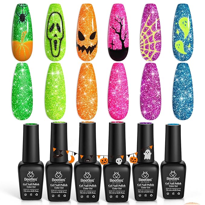 beetles Gel Polish Neon Carnival 6 Colors Reflective Glitter Gel Nail Polish Set Nails Blue Hot Pink Purple Soak Off Uv Led Sparkly bright Colors Halloween Nail Polish Kit Gift for Women