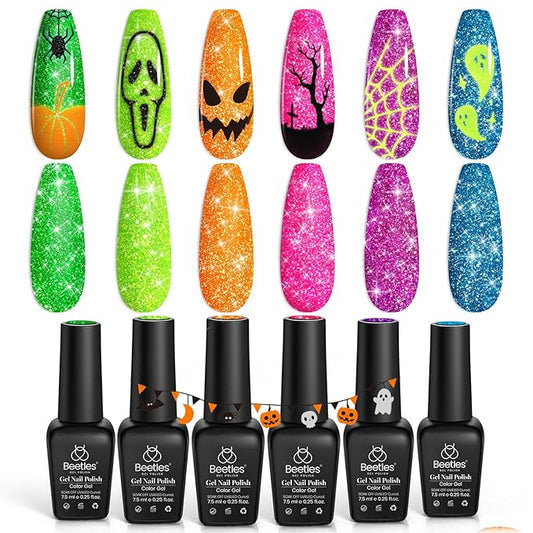 beetles Gel Polish Neon Carnival 6 Colors Reflective Glitter Gel Nail Polish Set Nails Blue Hot Pink Purple Soak Off Uv Led Sparkly bright Colors Halloween Nail Polish Kit Gift for Women