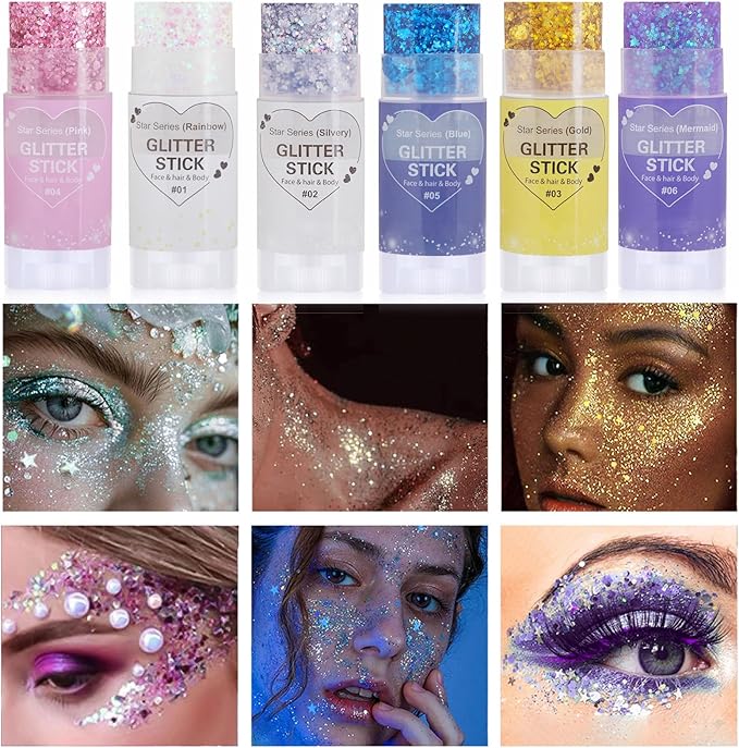 Purple Hair Glitter Stick,Rave Body Face Glitter Makeup,Mermaid Costume Waterproof Singer Concert Outfits for Women,Mardi Gras Accessories Chunky Glitter Sequins Body Paint