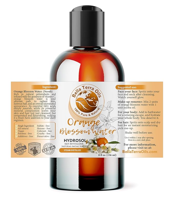 Bella Terra Oils - Organic Neroli Water 8 oz - A Gem of Hydrosol Waters, Infused with Limonene & Linalool, Revel in the Magic of Orange Blossom Toner